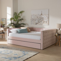 Baxton Studio CF9227-Pink Velvet Velvet-Daybed-QT Baxton Studio Larkin Modern and Contemporary Pink Velvet Fabric Upholstered Queen Size Daybed with Trundle